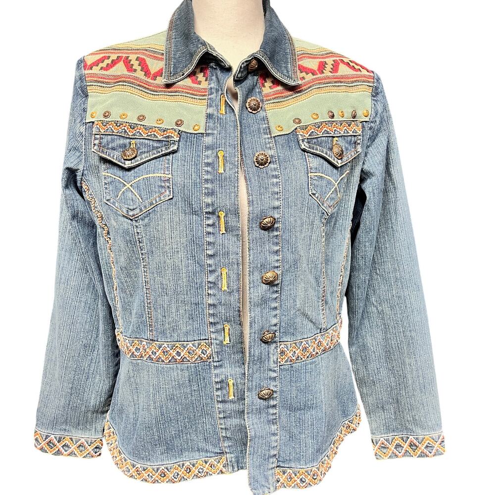 Women's Medium Coldwater Creek Western embellished blue denim peplum jacket